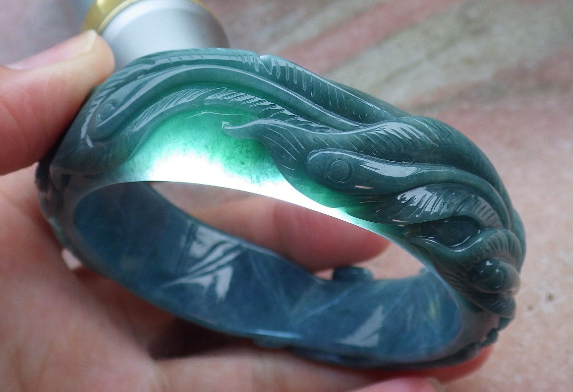 Certified Hand Carved Blue Water Green Natural Myanmar Burma A JADE Jadeite Phoenix Circle Bangle Bracelet 58mm