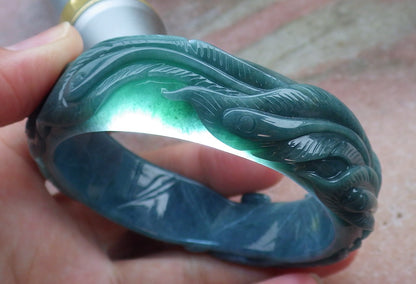 Certified Hand Carved Blue Water Green Natural Myanmar Burma A JADE Jadeite Phoenix Circle Bangle Bracelet 58mm