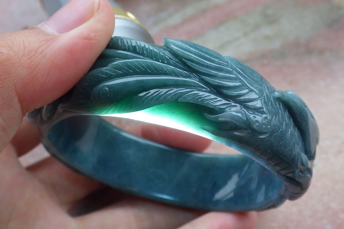 Certified Hand Carved Blue Water Green Natural Myanmar Burma A JADE Jadeite Phoenix Circle Bangle Bracelet 58mm