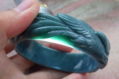 Certified Hand Carved Blue Water Green Natural Myanmar Burma A JADE Jadeite Phoenix Circle Bangle Bracelet 58mm