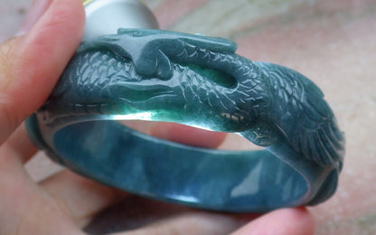 Certified Hand Carved Blue Water Green Natural Myanmar Burma A JADE Jadeite Phoenix Circle Bangle Bracelet 58mm