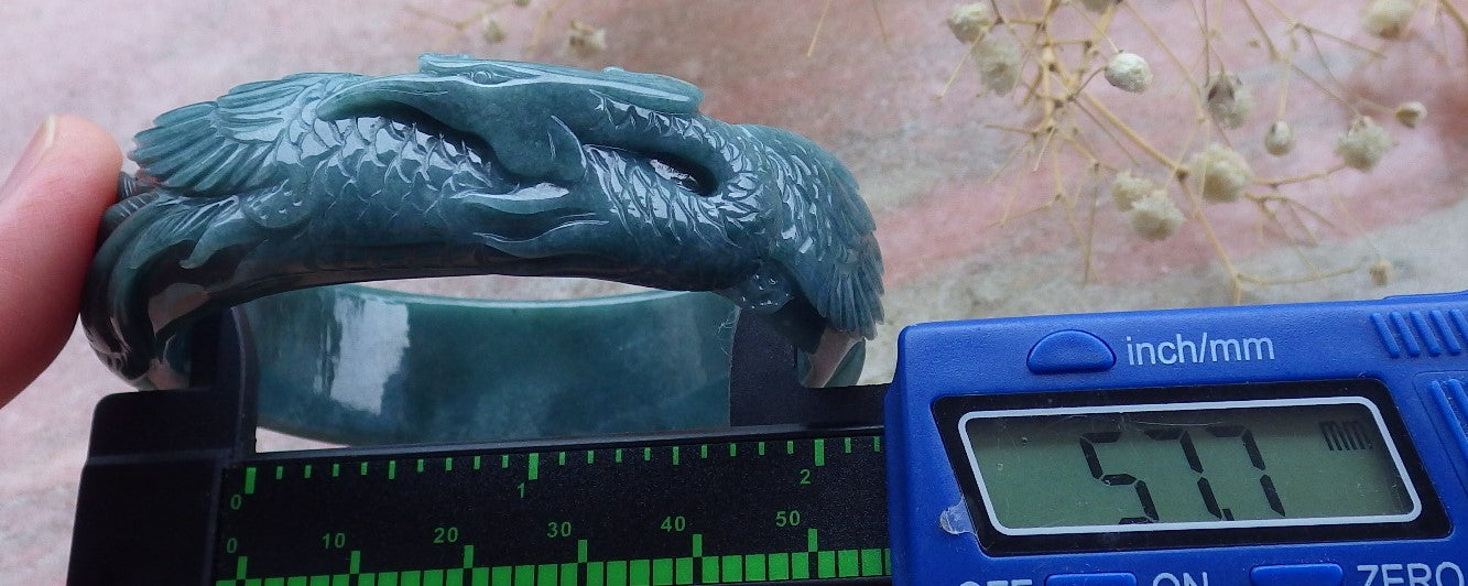 Certified Hand Carved Blue Water Green Natural Myanmar Burma A JADE Jadeite Phoenix Circle Bangle Bracelet 58mm