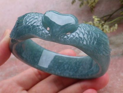Certified Hand Carved Green Natural A JADE Jadeite Love Heart Bangle Bracelet 59mm