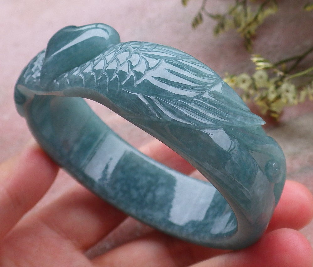 Certified Hand Carved Green Natural A JADE Jadeite Love Heart Bangle Bracelet 59mm