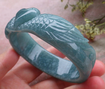 Certified Hand Carved Green Natural A JADE Jadeite Love Heart Bangle Bracelet 59mm