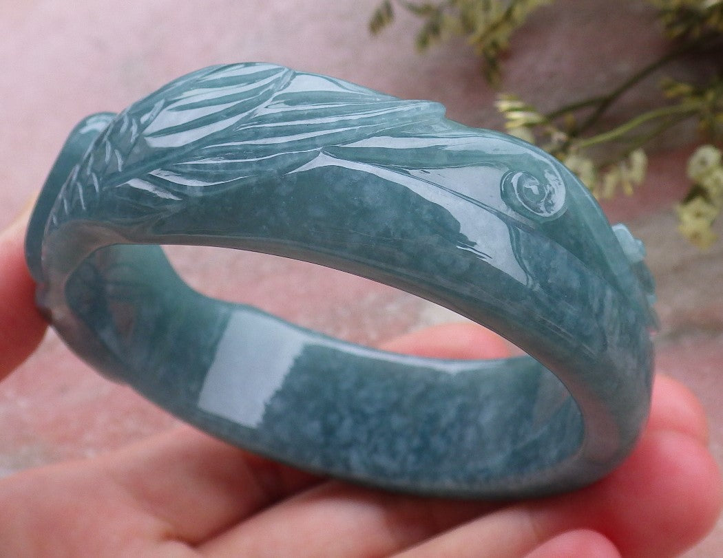 Certified Hand Carved Green Natural A JADE Jadeite Love Heart Bangle Bracelet 59mm