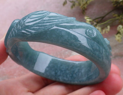 Certified Hand Carved Green Natural A JADE Jadeite Love Heart Bangle Bracelet 59mm
