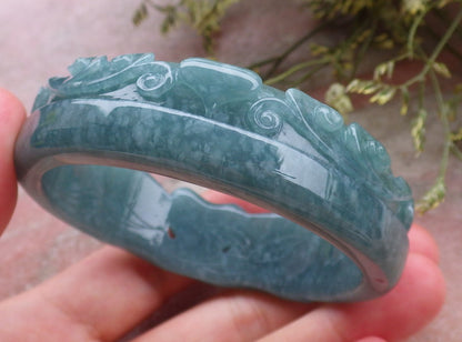 Certified Hand Carved Green Natural A JADE Jadeite Love Heart Bangle Bracelet 59mm