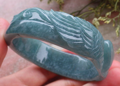 Certified Hand Carved Green Natural A JADE Jadeite Love Heart Bangle Bracelet 59mm