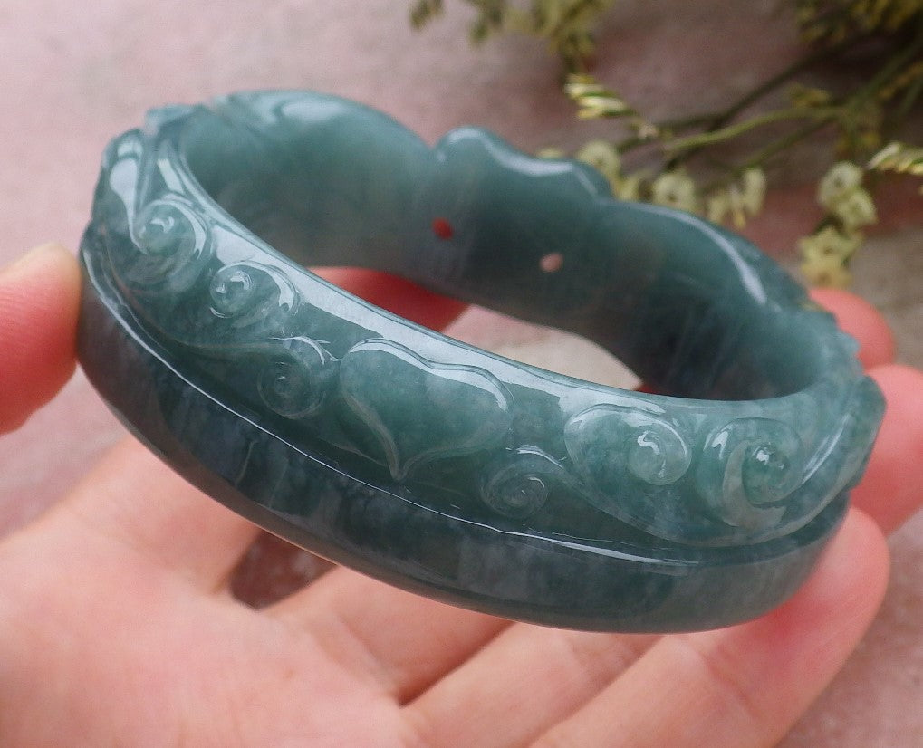 Certified Hand Carved Green Natural A JADE Jadeite Love Heart Bangle Bracelet 59mm