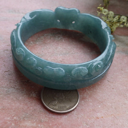 Certified Hand Carved Green Natural A JADE Jadeite Love Heart Bangle Bracelet 59mm