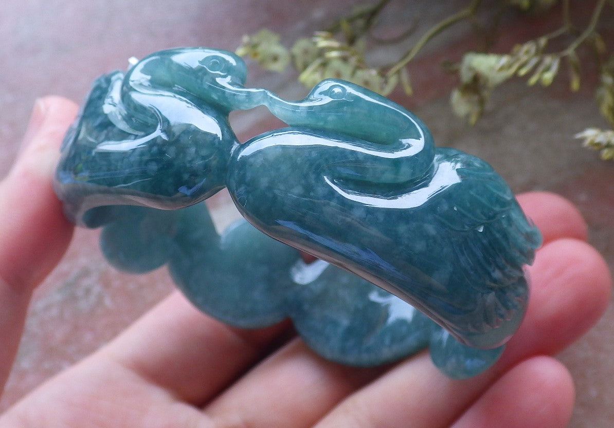 Certified Hand Carved Green Natural A JADE Circle Jadeite Love Mandarin Duck Bracelet Bangle 55mm