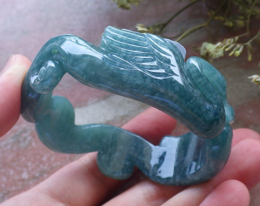 Certified Hand Carved Green Natural A JADE Circle Jadeite Love Mandarin Duck Bracelet Bangle 55mm