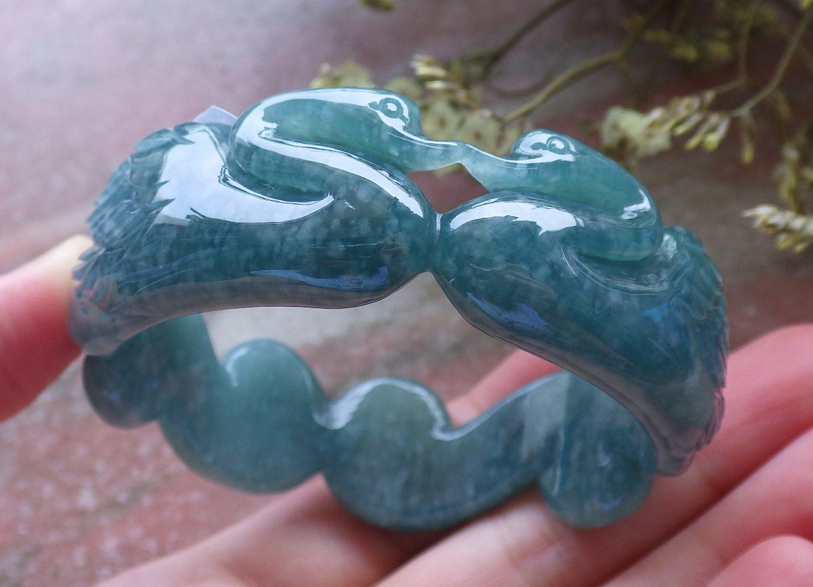 Certified Hand Carved Green Natural A JADE Circle Jadeite Love Mandarin Duck Bracelet Bangle 55mm