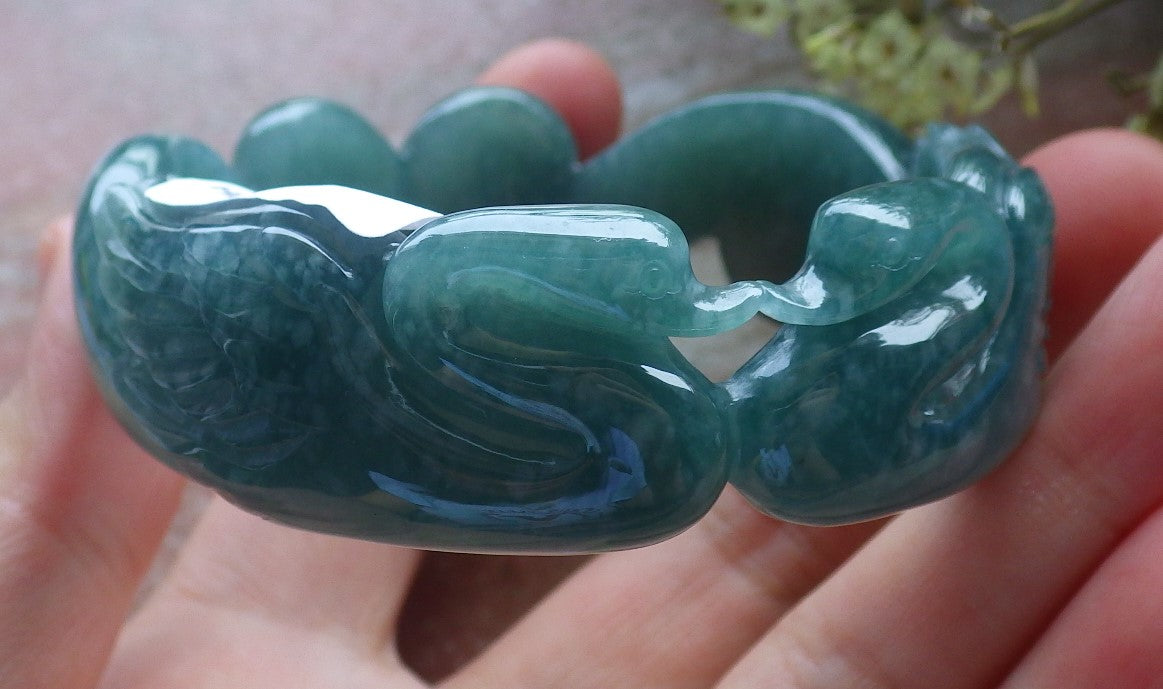 Certified Hand Carved Green Natural A JADE Circle Jadeite Love Mandarin Duck Bracelet Bangle 55mm