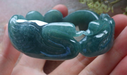 Certified Hand Carved Green Natural A JADE Circle Jadeite Love Mandarin Duck Bracelet Bangle 55mm