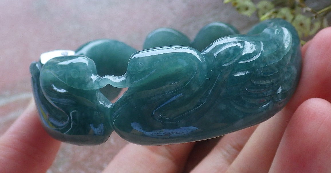 Certified Hand Carved Green Natural A JADE Circle Jadeite Love Mandarin Duck Bracelet Bangle 55mm