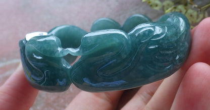 Certified Hand Carved Green Natural A JADE Circle Jadeite Love Mandarin Duck Bracelet Bangle 55mm