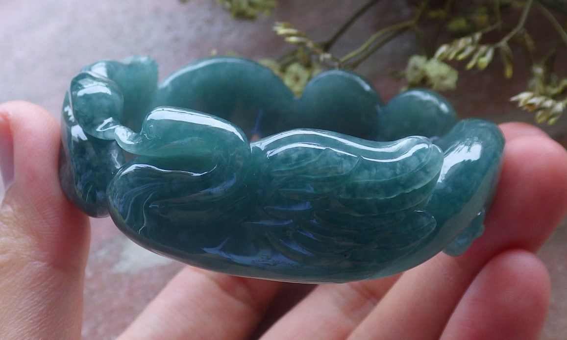 Certified Hand Carved Green Natural A JADE Circle Jadeite Love Mandarin Duck Bracelet Bangle 55mm