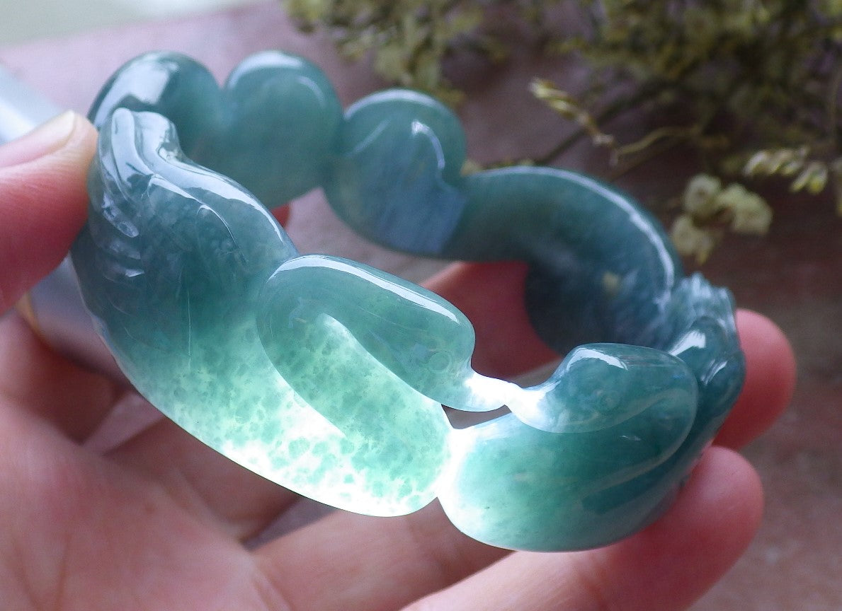 Certified Hand Carved Green Natural A JADE Circle Jadeite Love Mandarin Duck Bracelet Bangle 55mm