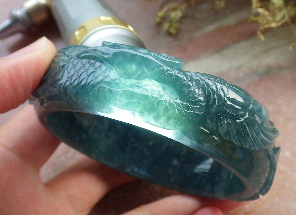Certified Hand Carved Blue Water Green Natural A JADE Jadeite Phoenix Circle Bangle Bracelet 62mm