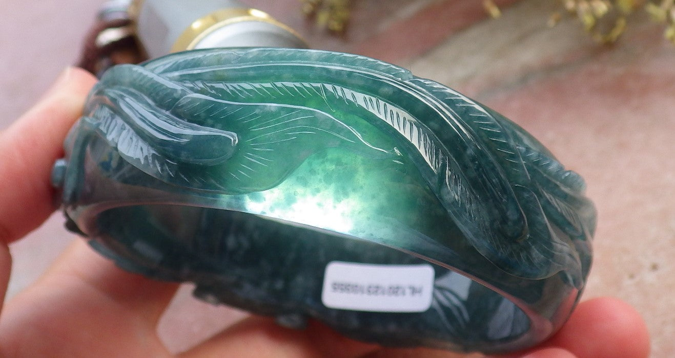 Certified Hand Carved Blue Water Green Natural A JADE Jadeite Phoenix Circle Bangle Bracelet 62mm