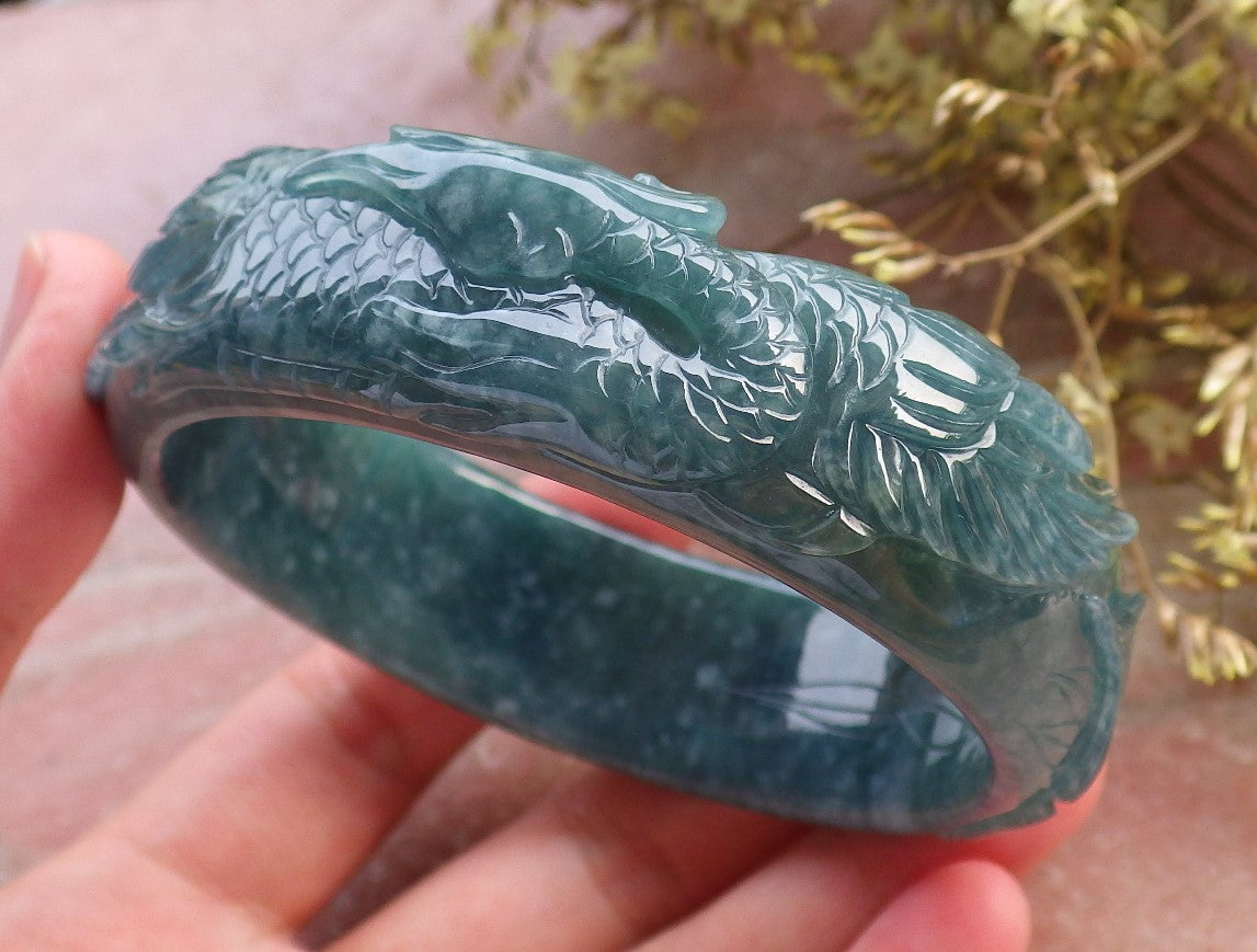 Certified Hand Carved Blue Water Green Natural A JADE Jadeite Phoenix Circle Bangle Bracelet 62mm