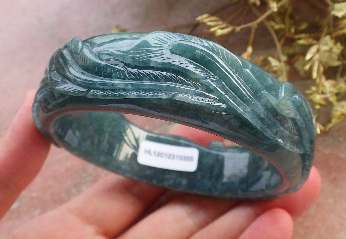Certified Hand Carved Blue Water Green Natural A JADE Jadeite Phoenix Circle Bangle Bracelet 62mm