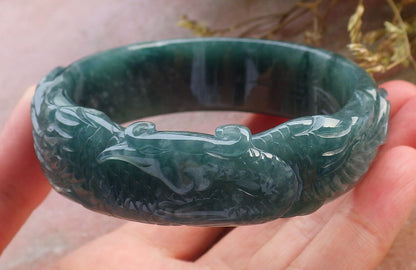 Certified Hand Carved Blue Water Green Natural A JADE Jadeite Phoenix Circle Bangle Bracelet 62mm