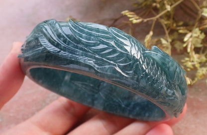 Certified Hand Carved Blue Water Green Natural A JADE Jadeite Phoenix Circle Bangle Bracelet 62mm