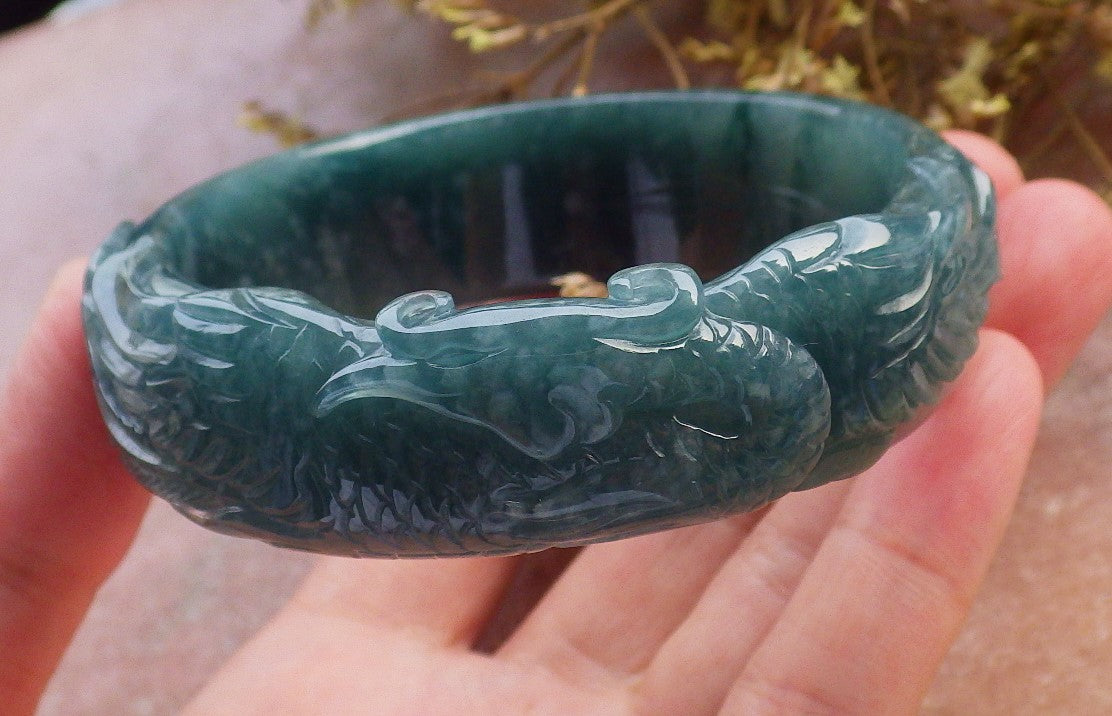 Certified Hand Carved Blue Water Green Natural A JADE Jadeite Phoenix Circle Bangle Bracelet 62mm