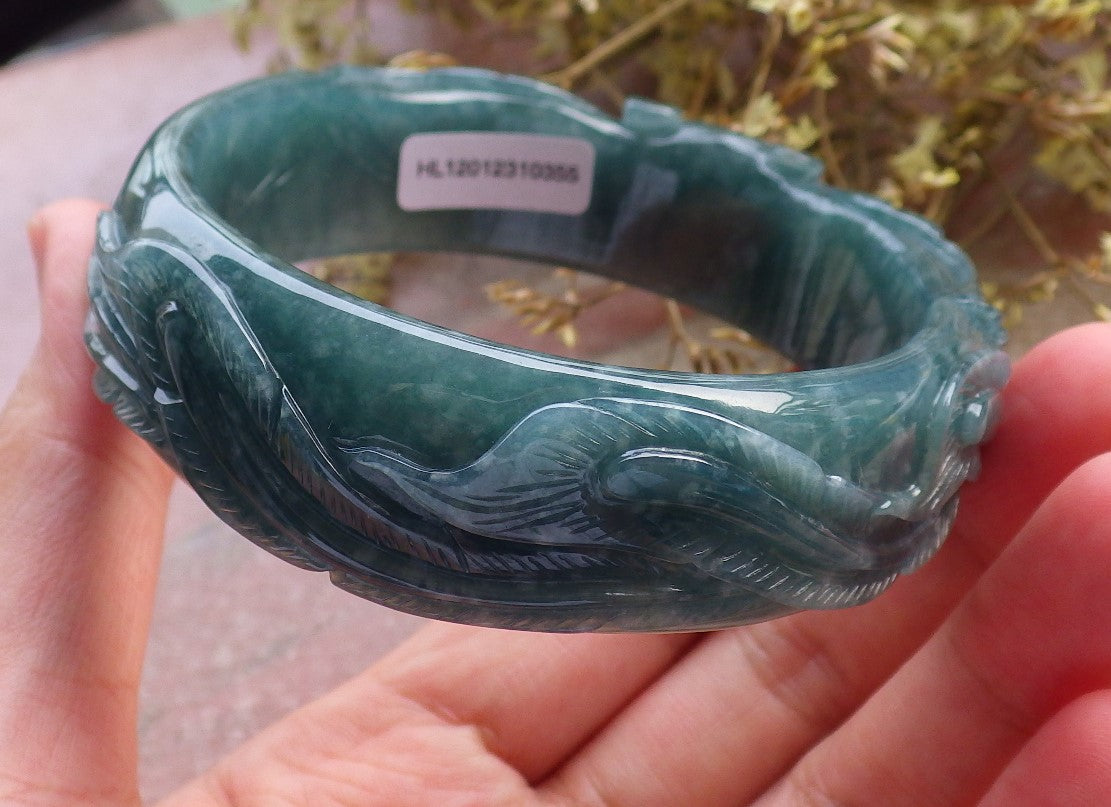 Certified Hand Carved Blue Water Green Natural A JADE Jadeite Phoenix Circle Bangle Bracelet 62mm