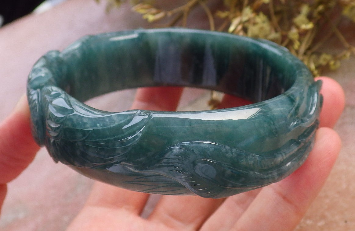 Certified Hand Carved Blue Water Green Natural A JADE Jadeite Phoenix Circle Bangle Bracelet 62mm
