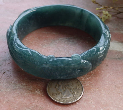 Certified Hand Carved Blue Water Green Natural A JADE Jadeite Phoenix Circle Bangle Bracelet 62mm