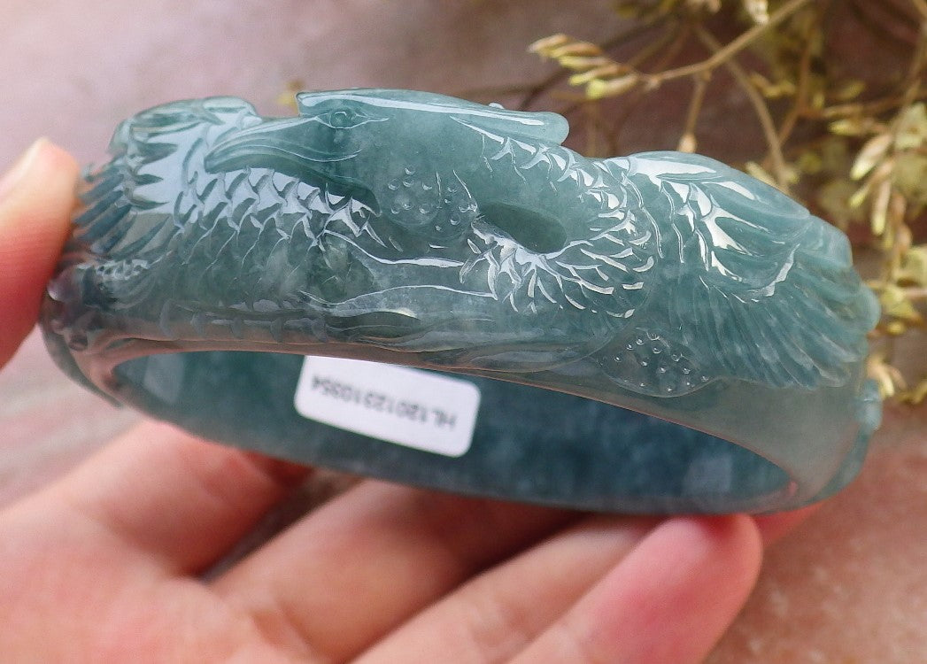 Certified Hand Carved Blue Water Green Natural A JADE Jadeite Phoenix Circle Bangle Bracelet 60 mm