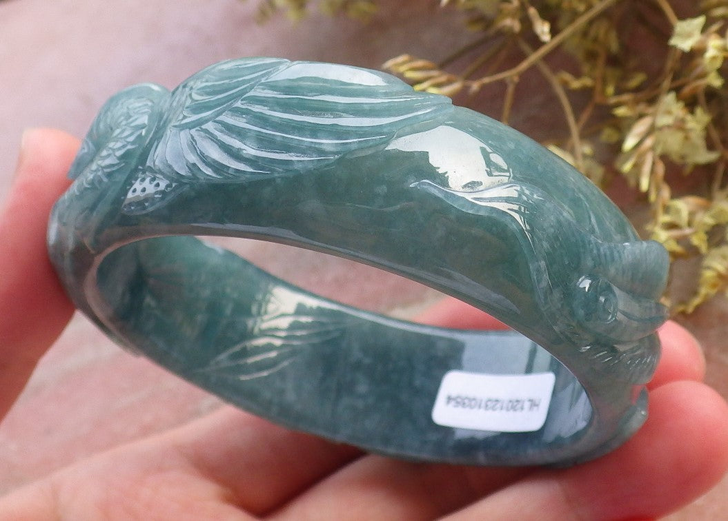 Certified Hand Carved Blue Water Green Natural A JADE Jadeite Phoenix Circle Bangle Bracelet 60 mm