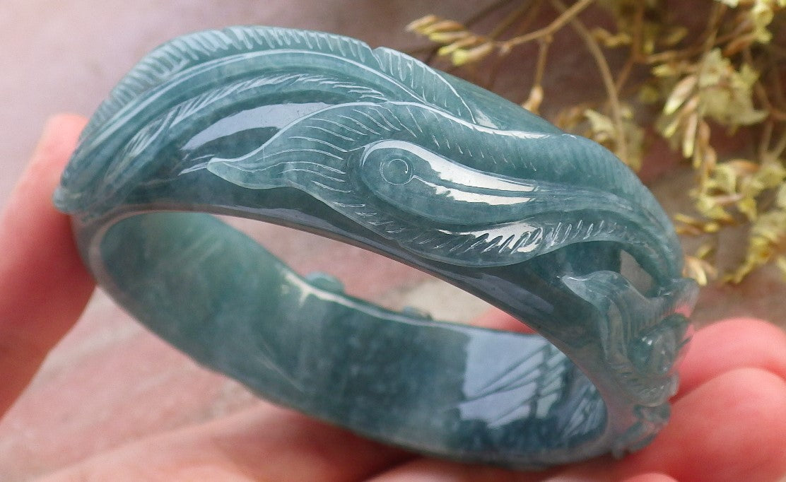 Certified Hand Carved Blue Water Green Natural A JADE Jadeite Phoenix Circle Bangle Bracelet 60 mm