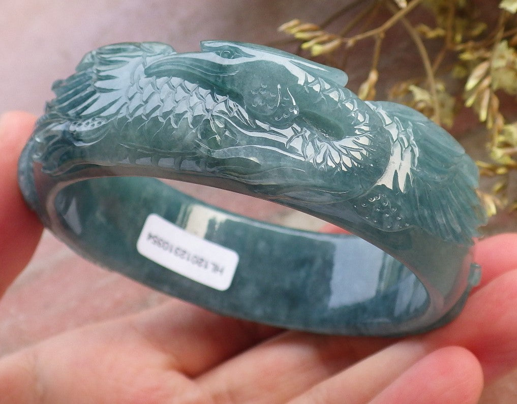 Certified Hand Carved Blue Water Green Natural A JADE Jadeite Phoenix Circle Bangle Bracelet 60 mm
