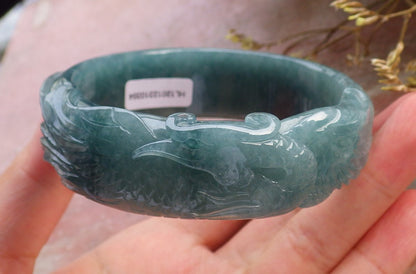 Certified Hand Carved Blue Water Green Natural A JADE Jadeite Phoenix Circle Bangle Bracelet 60 mm