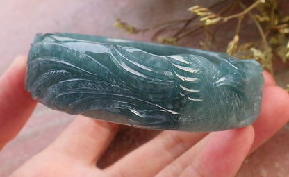 Certified Hand Carved Blue Water Green Natural A JADE Jadeite Phoenix Circle Bangle Bracelet 60 mm
