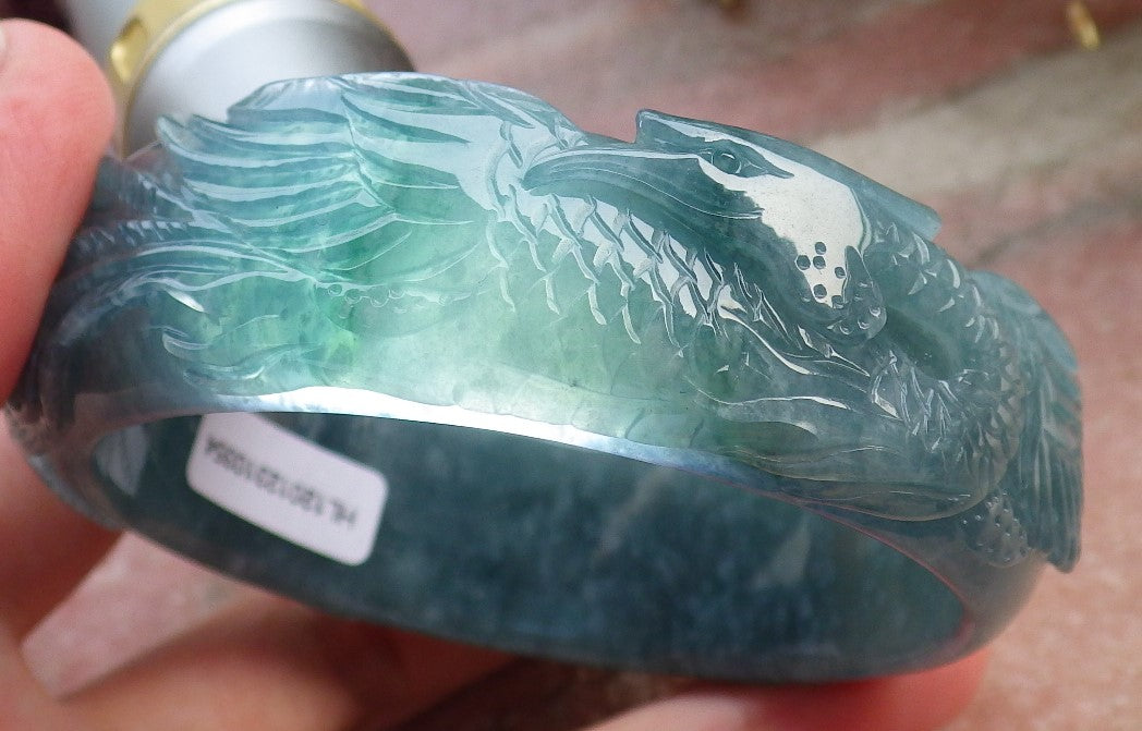 Certified Hand Carved Blue Water Green Natural A JADE Jadeite Phoenix Circle Bangle Bracelet 60 mm
