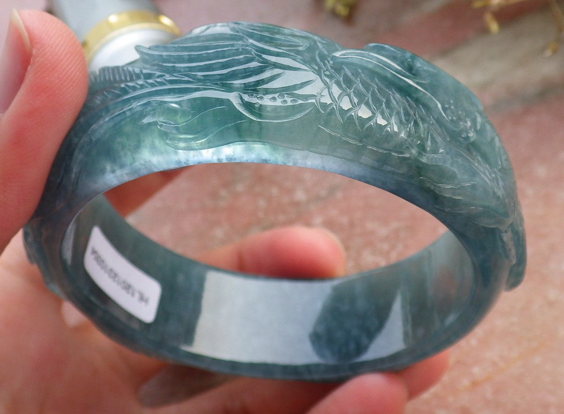 Certified Hand Carved Blue Water Green Natural A JADE Jadeite Phoenix Circle Bangle Bracelet 60 mm