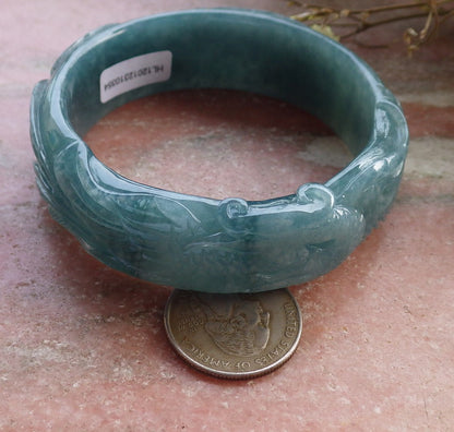Certified Hand Carved Blue Water Green Natural A JADE Jadeite Phoenix Circle Bangle Bracelet 60 mm
