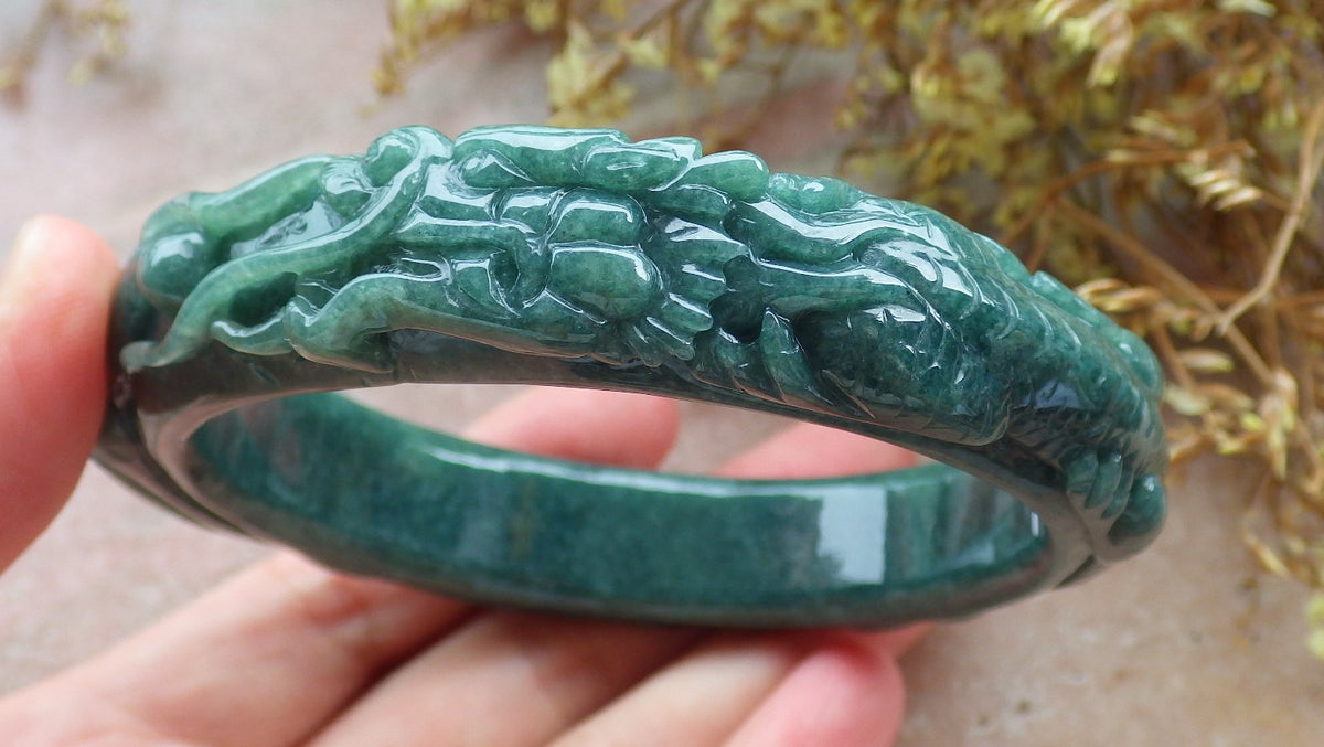 65mm Certified Hand Carved Blue Water Green Natural A JADE Jadeite Dragon Phoenix Circle Bangle Bracelet