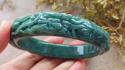 65mm Certified Hand Carved Blue Water Green Natural A JADE Jadeite Dragon Phoenix Circle Bangle Bracelet