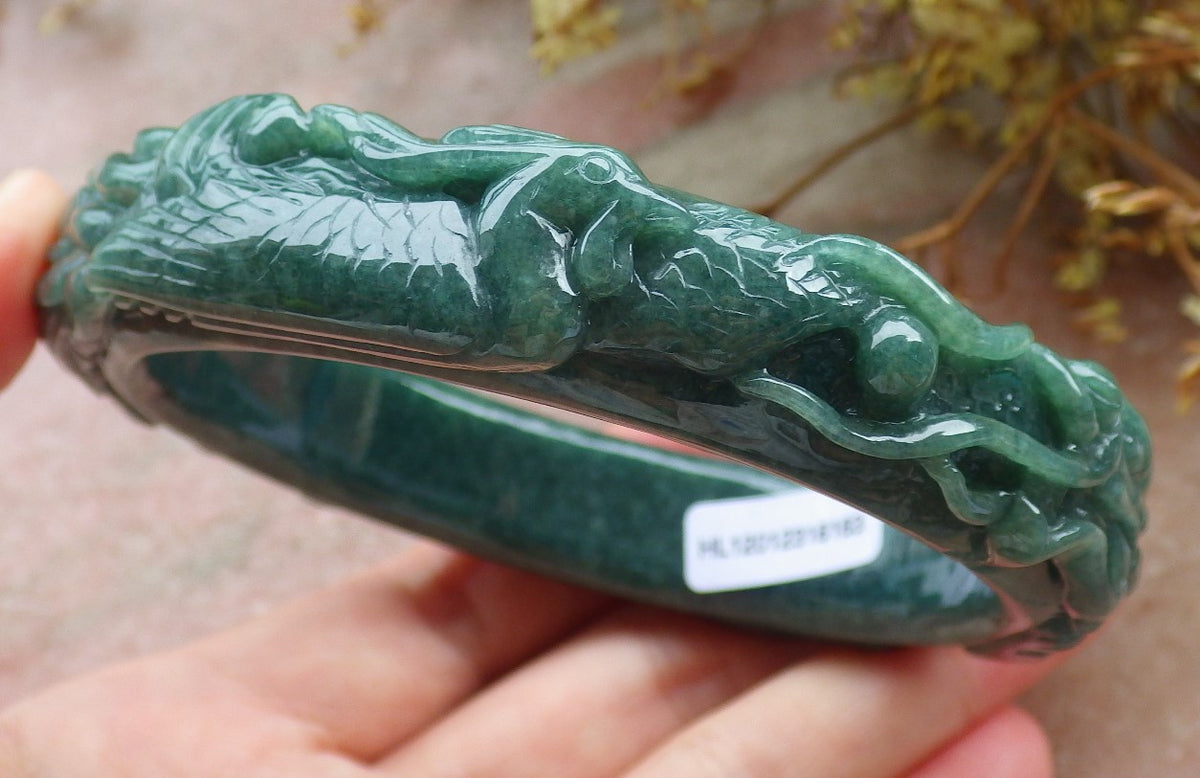 65mm Certified Hand Carved Blue Water Green Natural A JADE Jadeite Dragon Phoenix Circle Bangle Bracelet