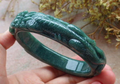 65mm Certified Hand Carved Blue Water Green Natural A JADE Jadeite Dragon Phoenix Circle Bangle Bracelet