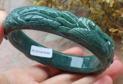 65mm Certified Hand Carved Blue Water Green Natural A JADE Jadeite Dragon Phoenix Circle Bangle Bracelet