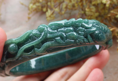 65mm Certified Hand Carved Blue Water Green Natural A JADE Jadeite Dragon Phoenix Circle Bangle Bracelet