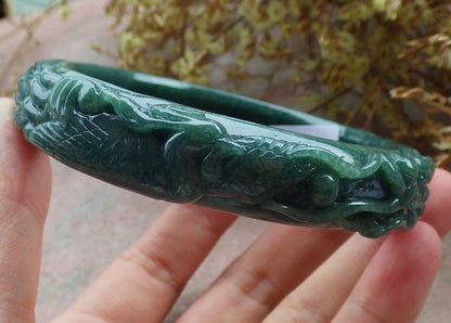 65mm Certified Hand Carved Blue Water Green Natural A JADE Jadeite Dragon Phoenix Circle Bangle Bracelet